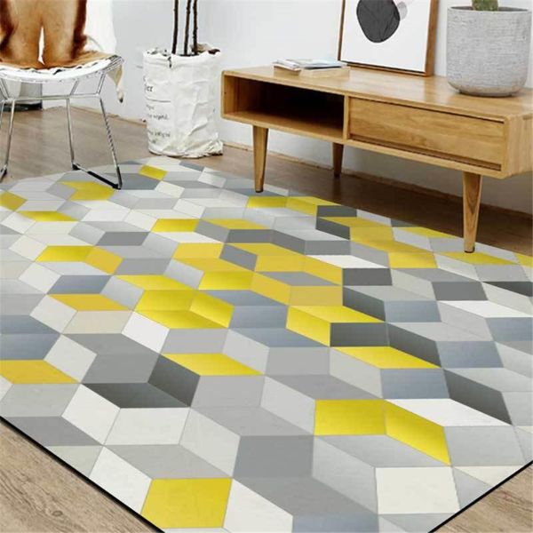 Tapis 3D Tapis De Sol Jaune Gris Cube Imprimé Tapis Nordique Tapis Pour Chambre Geomtric Cuisine Long Lit