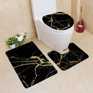Tapis 3 pièces tapis de salle de bain ensemble coussin de douche absorbant antidérapant noir et or marbré en forme de U tapis de toilette Rectangle sol tapis de bain