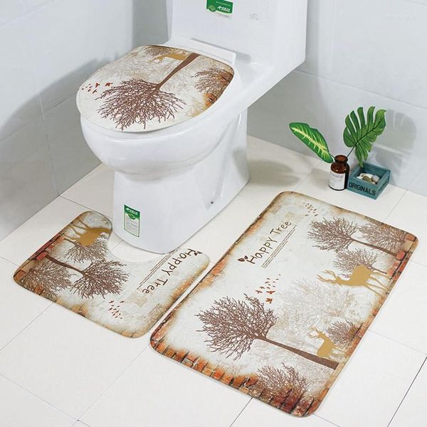 Tapis 3 pièces ensemble de tapis de sol de toilette en flanelle tapis de salle de bain antidérapant avec couverture d'impression Happy Tree HD et tapis