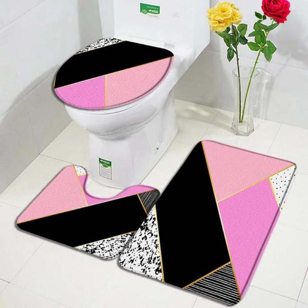 Alfombras 3 unids Geométrico Alfombras de baño Conjunto Creativo Línea de oro Negro Rosa Mármol Puerta Alfombra Moderna Impresión Decoración de baño Antideslizante Cubierta de inodoro Mat