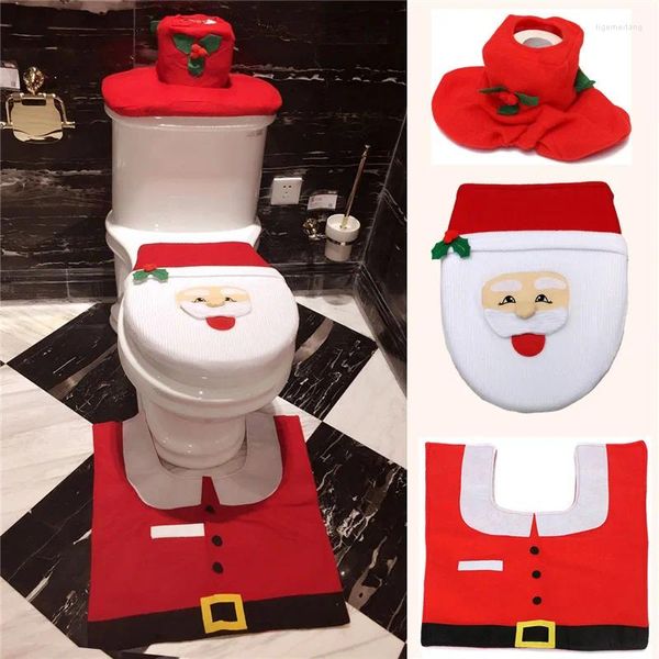 Tapis 3pcs / Set Christmas Happy Santa Tapis de toilette Coussin de pied Couverture de siège Décorations et tapis de Noël Ensemble de salle de bain