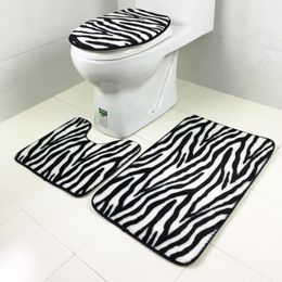 Tapijten 3 stks / set Flanel Zebra Patroon Antislip Badkamer Mat Sets Bad Rug Contour Mats Toilet Deksel Cover Home Decor