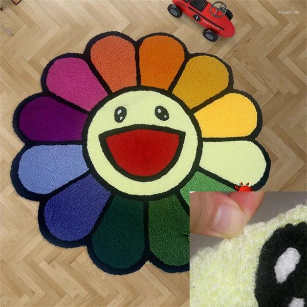 Tapis 75 / 100cm Cartoon Sun Flower Tapis rond anti-dérapant enfants aire de jeux en peluche table basse tapis salon décor mignon tapis de sol