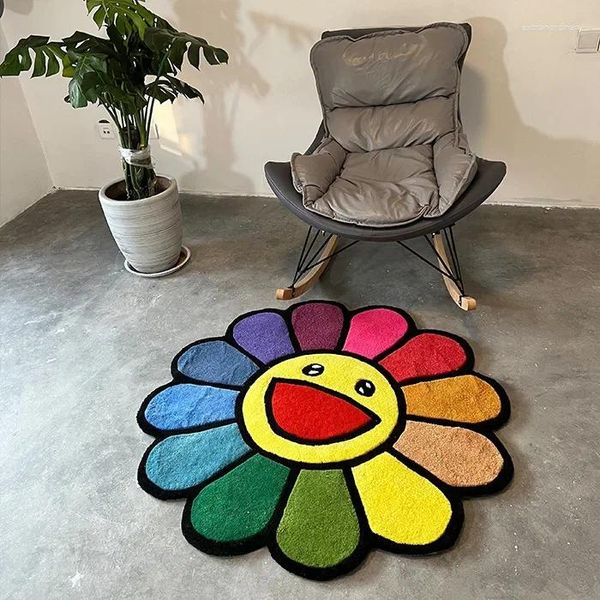 Tapis 80 / 100cm Tendance japonaise Tapis en peluche Dessin animé Sun Flower Round Tapis anti-dérapant Salon Home Art Décoration Tapis de sol mignon