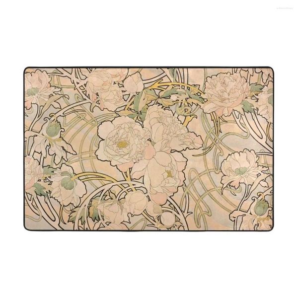 Carpets Alfonse Mucha Art Nouveau Peonies Porte-tapis tapis tapis Polyester sans glissement décor de salle de bain salle de bain cuisine 60 90