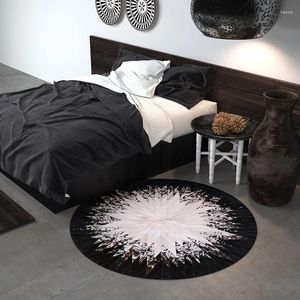 Tapijten Amerikaans stijl Ronde gevormd natuurlijke koeienhuid Sapperd zwart gemengd wit bont tapijt voor woonkamer slaapkamer decoratiemat
