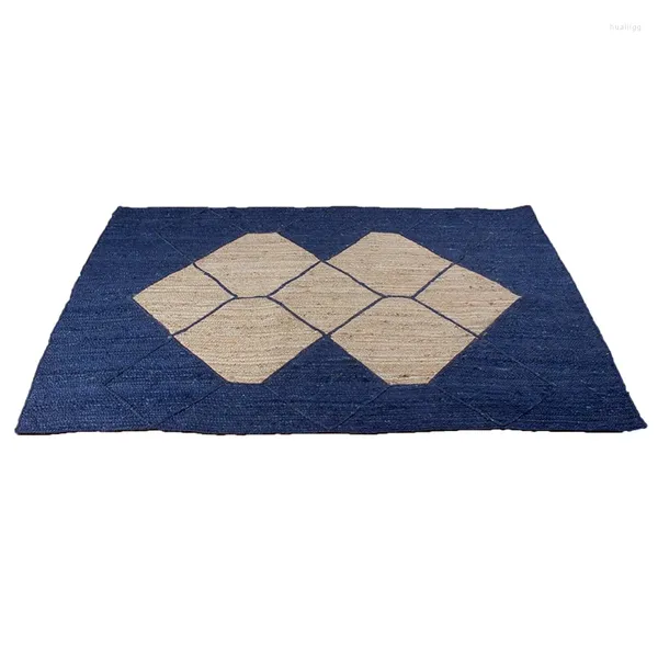 Tapis tapis tapis naturel jute à main tressée tressée beige bleu foncé tapis de chambre à coucher de motif diamant géométrique