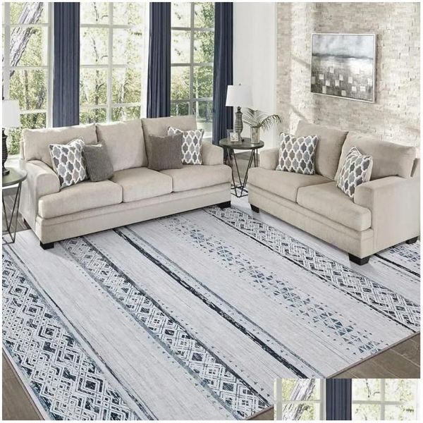 Tapis Tapis 9X12 Salon Grand Tapis Lavable en Hine avec Support Antidérapant Tapis Doux Résistant aux Taches Bleu/Ivoire Livraison Directe Dhea6