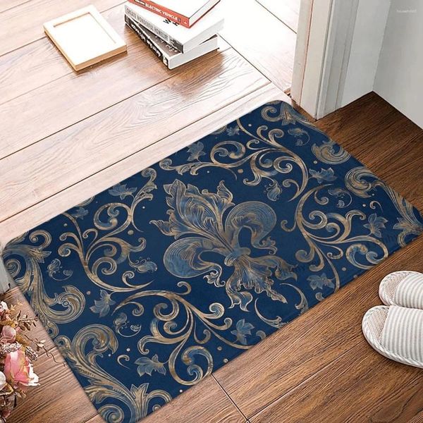 Tapis Tapis De Salle De Bain Fleur De Lis Ornement Marbre Bleu Et Or Paillasson Flanelle Tapis Porte D'entrée Tapis Décor À La Maison