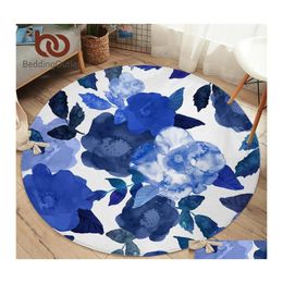 Tapis Literieoutlet Fleurs Chambre Aquarelle Art Tapis Rond Pour Salon Feuille Sol Bleu Tapis De Jeu Doux 150Cm Drop Livrer Otjv2