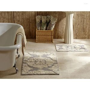 Carpets Better Trends Ensemble de tapis de bain 2 pièces en coton médaillon – Tapis gris/naturel pour chambre à coucher