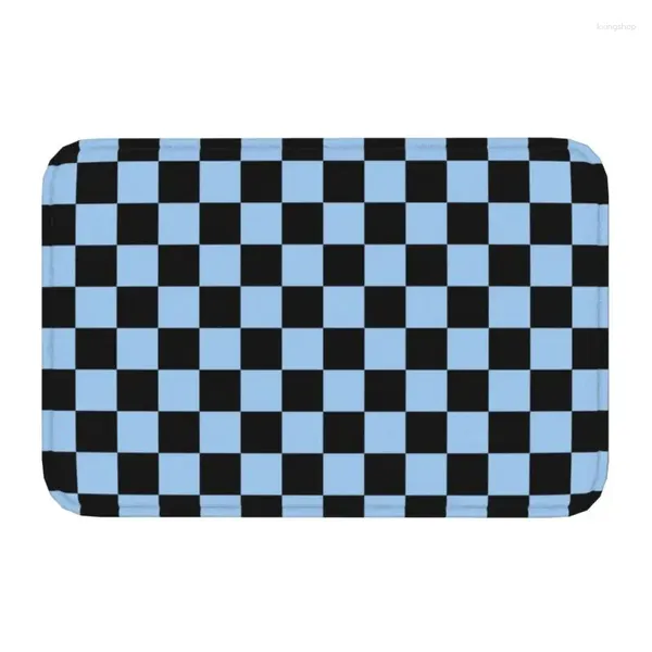 Carpets Black and Baby Blue damierboard Front Door Floor Entrance Mat d'entrée Plaid extérieur Géométrique Salle de bain Cuisine Tapis de tapis