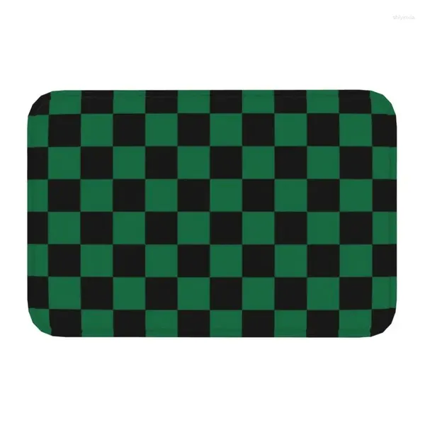 Tapis Tapis de sol en damier noir et vert cadmium, antidérapant, entrée, salle de bain, cuisine, porte de sol, tapis géométrique à carreaux