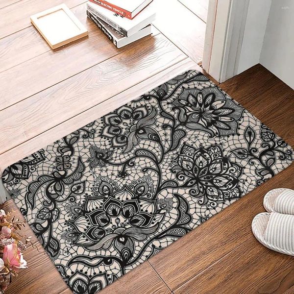 Carpets Black Lace Paisley Match Bohemia Hippie non glissée paillasson tapis de salle de bain Mat de chambre à coucher