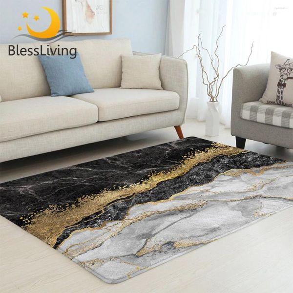 Tapis BlessLiving Marbre Grand Pour Salon Noir Doré Tapis De Sol Moderne Tapis Antidérapant 152x244cm Tapis De Luxe Livraison Directe