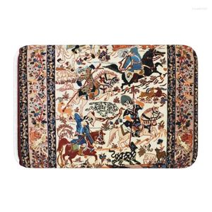 Tapis bleu antique persan Ispahan tapis de soie avec des animaux avant porte de sol tapis d'entrée tribal ethnique floral paillasson tapis