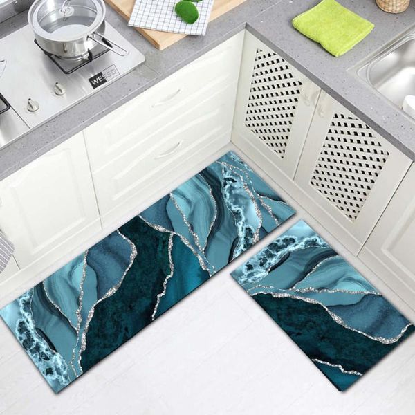 Tapis bleu marbre tapis pour cuisine Machine à laver doux anti-dérapant couloir tapis de sol chambre tapis moderne DecorCarpets