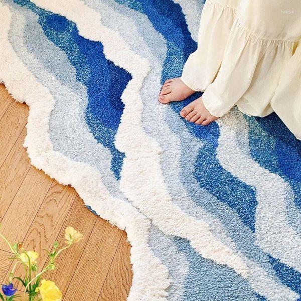 Alfombras Blue Ocean Wave Rug Nórdico Área abstracta Dormitorio moderno Mar Olas Arte Sala de estar Alfombra de baño Mano copetuda