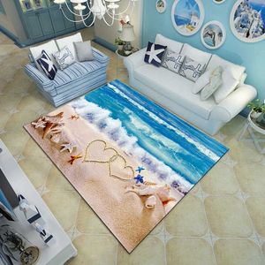 Tapijten Blauwe Zee Strand Mediterrane Stijl 3D Tapijt Woonkamer Salontafel Slaapbank Slaapkamer Vloermat Aangepaste Wasbare Strand Schelpen R230717