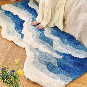Tapis bleu vague en forme de peluche chambre tapis flocage spécial en forme de pied tapis salon canapé épaissi absorbant anti-dérapant