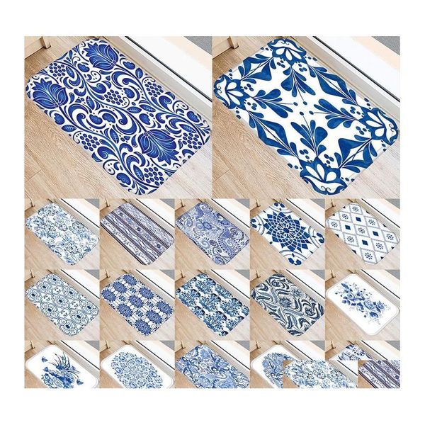 Tapis Bleu Blanc Porcelaine Cuisine Entrée Porte Tapis Corail Veet Tapis Paillasson Colorf Tapis De Sol Intérieur Tapis Antidérapant Drop Livraison OTC4E