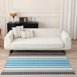 Carpets Bohemian Blue Striped Taps Cotton Linen Retro Carpet For Bedroom Living Room Anti-Skid Area Tapis de style ethnique Mat de sol fait à la main