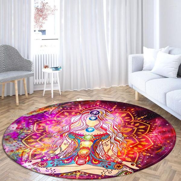 Tapis Statue de Bouddha Tapis rond Méditation 7 Chakra Tapis de sol Chambre Salon Imprimé Yoga Anti-dérapant