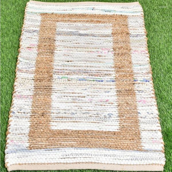 Tapis Tapis Fibre de jute naturelle et laine Tapis fait à la main 2x3.3 Pieds Paillasson Multicolore Décoratif