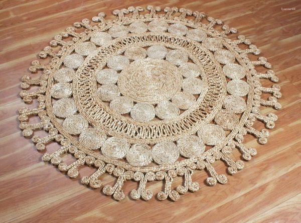 Tapis Tapis Tapis de sol en jute naturel Tapis tissé à la main Style tressé Tapis rond Zone bohème 5x5 Chiffon