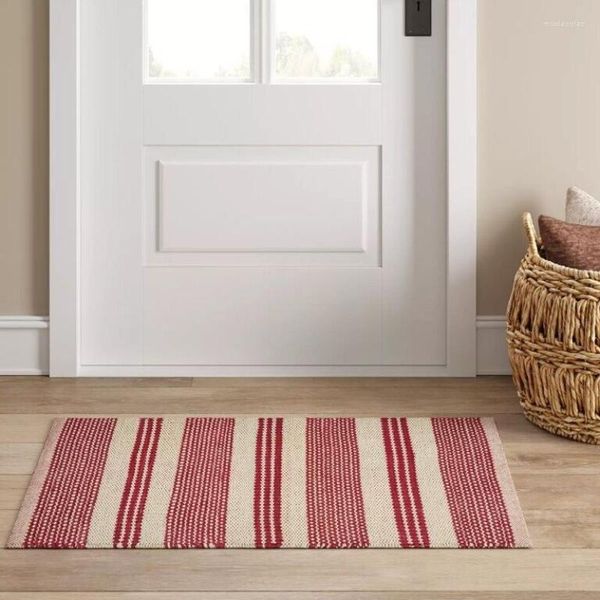 Tapis Tapis Rouge Rayé Coton Jute Tapis Tissé À La Main Gland Jeter Tapis Décor À La Maison Salon Plancher 36x24 Pouces