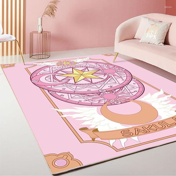 Alfombras Dibujos animados Luna Sakura Magic Captor Tarjeta Cuadrado Alfombra Matriz Alfombra Felpudo Antideslizante Felpa Sala de estar Hogar Mat