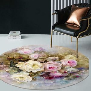 Tapis Tapis de chaise salon 3D fleur peinture à l'huile tapis rond nordique 120 cm décoration de chambre de filles tapis de sol de lit antidérapant lavable W0413