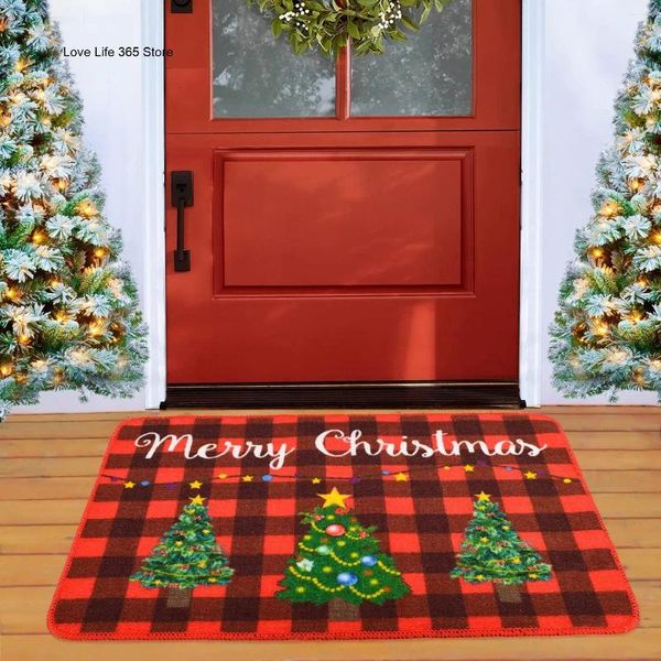 Tapis de Noël arbre de Noël rétro pailtre en réseau rouge bienvenue à la maison pour porte antidérapante festival festival cadeau tapis de chambre flanelle