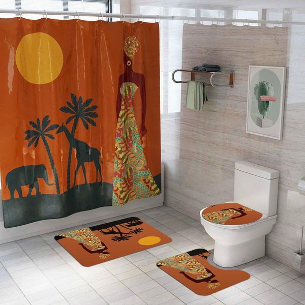 Alfombras Cilected 4 unids/set mujer africana impresión cortina de ducha alfombra asiento de inodoro alfombra de baño conjunto de baño partición con 12 ganchos