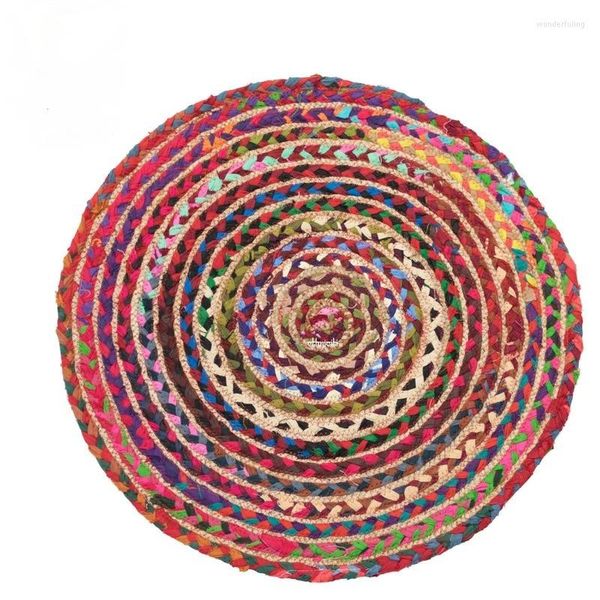 Tapis circulaire Jute tapis coton multicolore tissé en détresse Vintage fait à la main pour chambre à coucher grands tapis salon décor à la maison