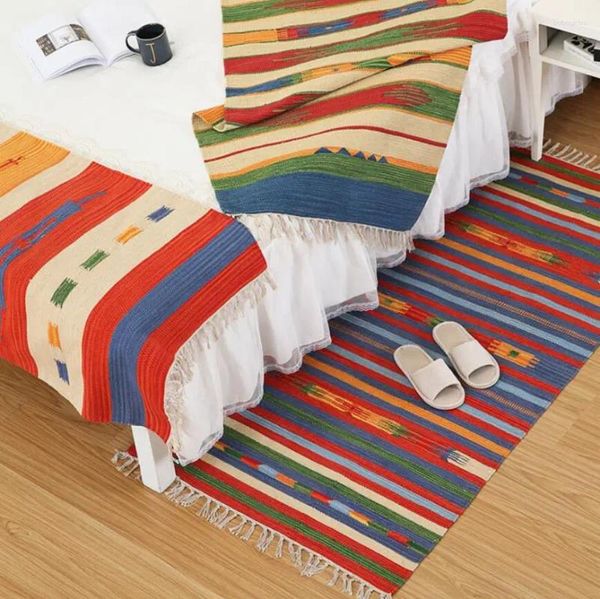 Alfombras coloridas boho marruecco tejido de algodón tejido lino para sala de estar alfombra de patrón geométrico con estera de noche de borde