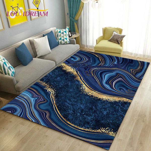 Tapis Couleur Bleu Or Blanc Marbre Tapis LargeCarpet Tapis pour Salon Chambre Canapé Paillasson Decorationkids Tapis De Sol Antidérapant