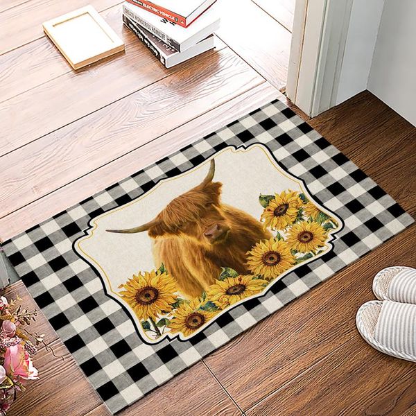 Tapis Pays Style Highland Vache Tournesol Paillasson Pour Porte D'entrée Salle De Bains Couloir Tapis Antidérapants Décor À La Maison Cuisine MatsTapis