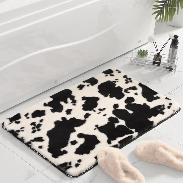 Tapis de bain imprimé vache paillasson doux Faux tapis en peluche motif Animal décor à la maison salon chambre tapis anti-dérapant tapis de sol