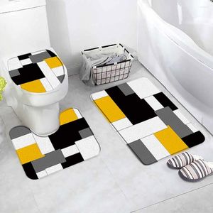 Tapis Tapis de bain géométrique créatif Ensemble Noir Gris Blanc Orange Motif d'épissage Accueil Salle de bain Tapis Tapis de porte Tapis de couvercle de toilette antidérapant