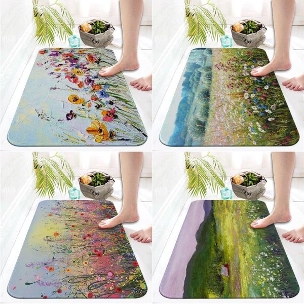 Alfombras Alfombra de baño personalizable Alfombra antideslizante Sala de estar Cocina Puerta de bienvenida Mat Pintura al óleo Estampado floral Piso de franela