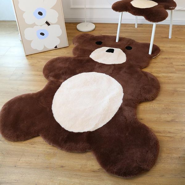 Tapis mignon dessin animé ours canapé coussin blanc et marron laine fourrure chaise salle à manger tapis commode tapis pour chambre d'enfants