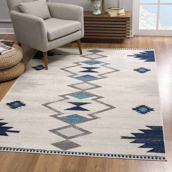 Tapis Tapis Durable Bleu Marine Et Ivoire Motif Tribal Tapis De Coureur Décoration De Chambre À Coucher