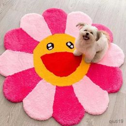 Tapis Mode Grande Surface Ronde Salon Tapis Mignon Doux Fleurs Chambre d'enfants Tapis décoratifs Antidirty Tapis Lavable antidérapant