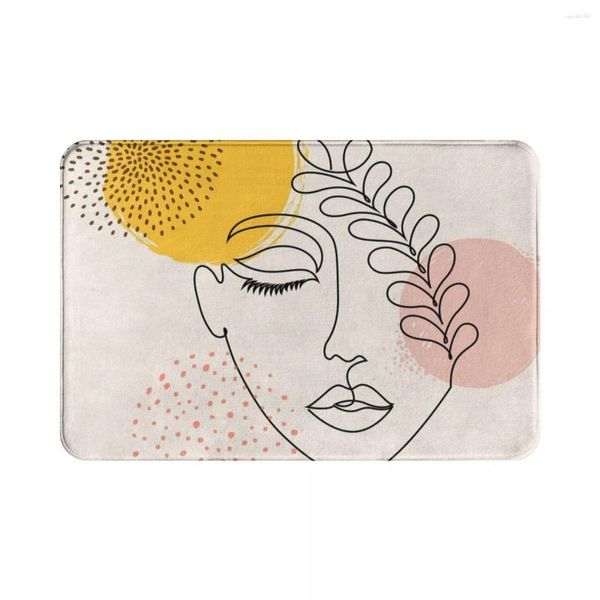 Tapis Femme Visage Feuille Une Ligne Art Polyester Paillasson Tapis Tapis Tapis Tapis Antidérapant Eau Huile PreuveEntrée Cuisine Chambre Balcon