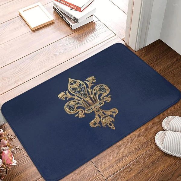 Carpets Fleur de Lys Bath Mat Gold Filigree Over Blue Velvet Rug Home Paillance Cuisine Carpet Balcon
