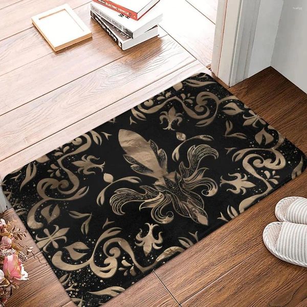 Tapis Fleur de Lys Tapis antidérapant Paillasson Tapis de cuisine Ornement Noir et Or Beauté Tapis de sol Chambre décorative