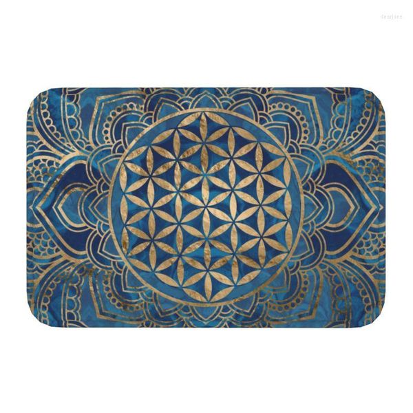 Tapis Fleur de vie en lotus Mandala Tapis de porte d'entrée antidérapant imperméable à l'eau géométrie sacrée méditation paillasson tapis de salle de bain