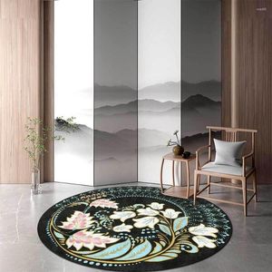 Carpets for Living Room Modern Home Decoration 3d Area Rug American Style Floral Floral Boho Black Floor Round Round Mat Anti-Slip