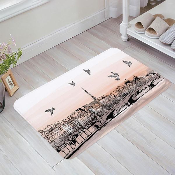 Carpets French City Landscape Art Bridge Pigeon Cuisine Poiftomat Chambre Bath Bath Planchers Maison de tapis Hold Door Mat Area Rapis Home Decor